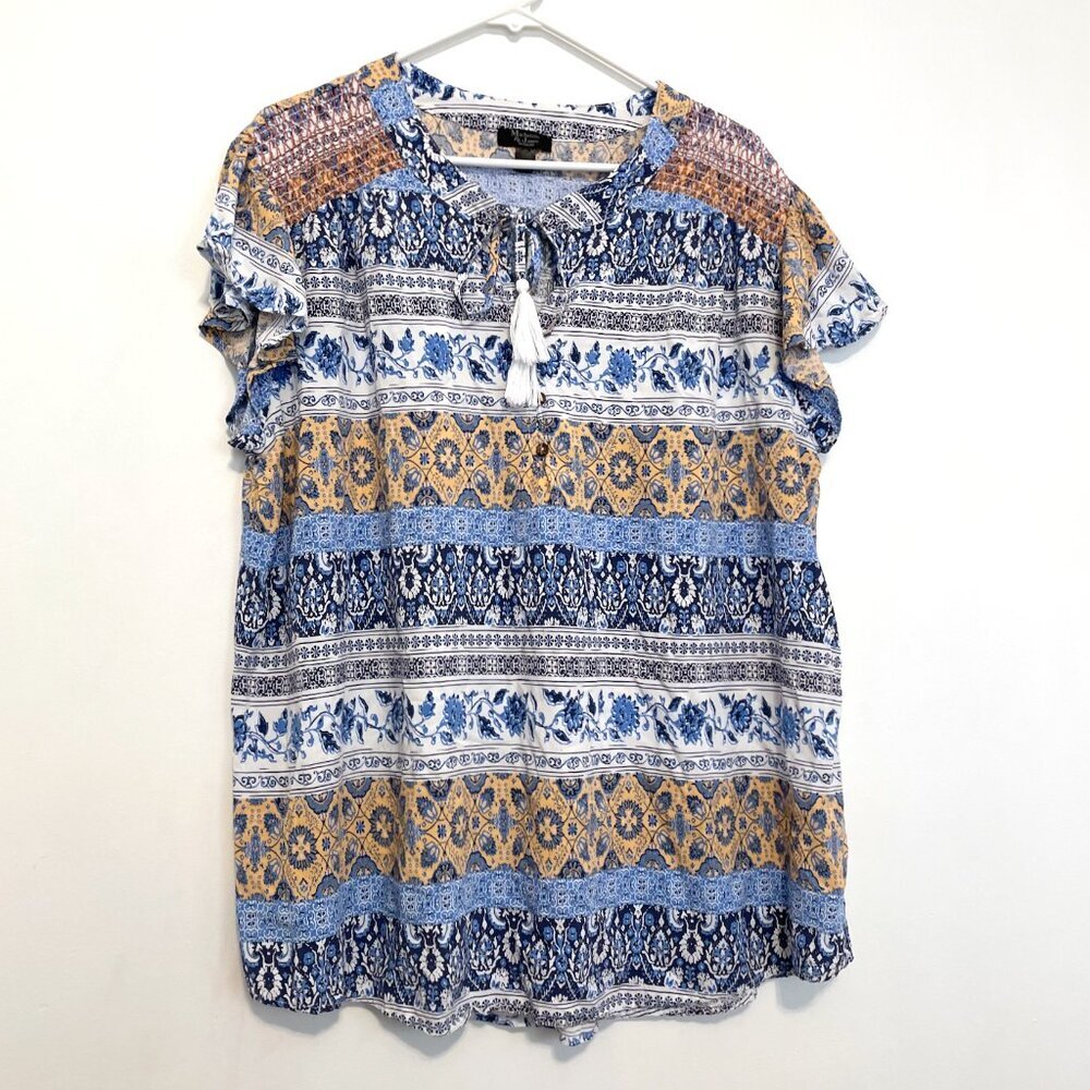 MACKENZIE JAMES Plus Size Blue White Floral Striped Boho Tie Neck Peasant Blouse